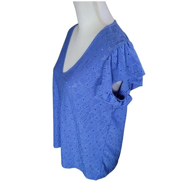 Michael Kors Eyelet Lace Ruffle Short Sleeve Blue Womens Large V Neck Floral - Picture 4 of 8